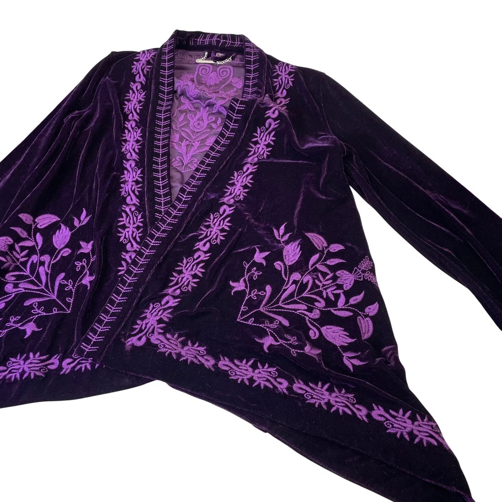 Paparazzi Purple Velvet Embroidered Open Front Cardigan Jacket M Boho - Picture 10 of 16